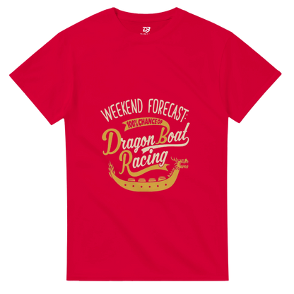 Red unisex crewneck tee with Weekend Forecast Dragon Boat Racing graphic