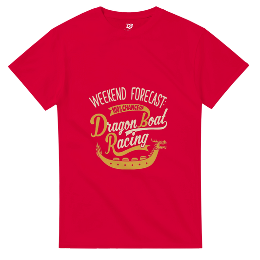 Red unisex crewneck tee with Weekend Forecast Dragon Boat Racing graphic