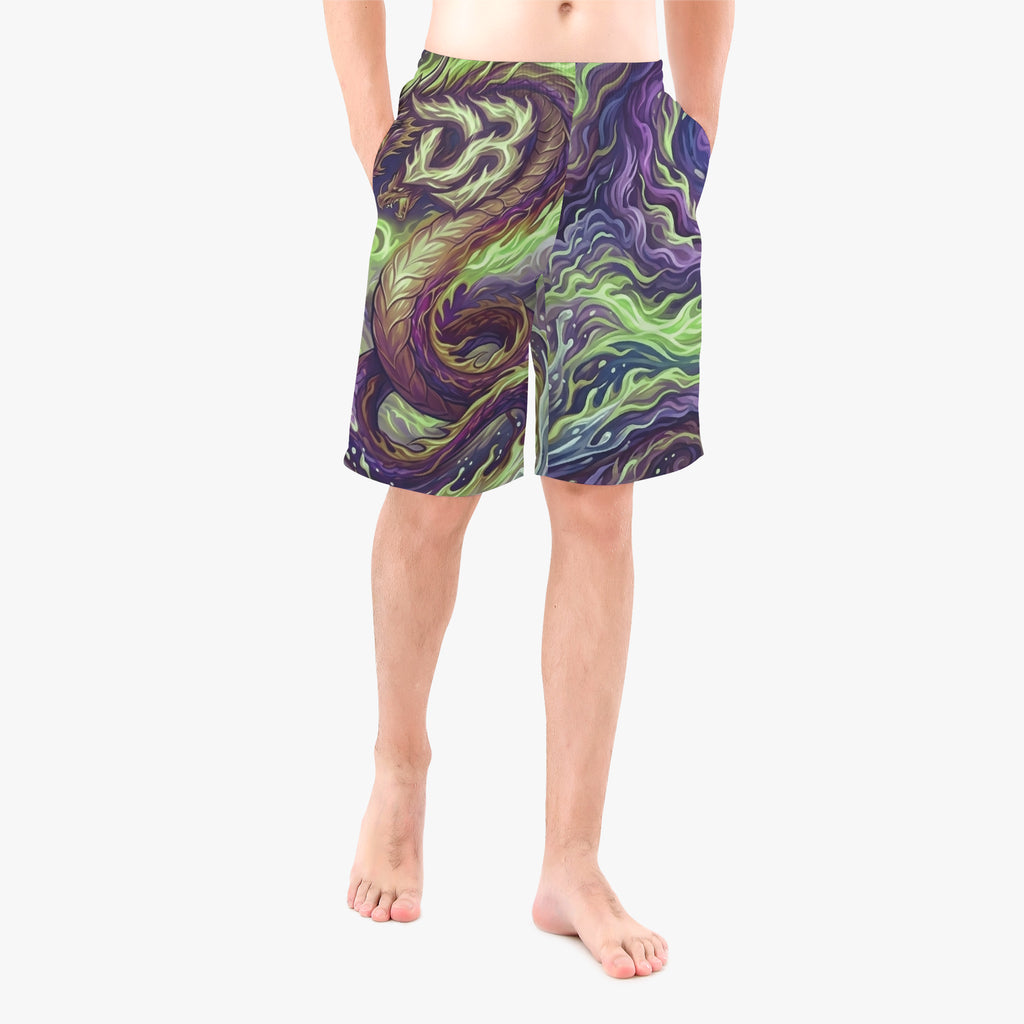 Men's board shorts in purple-green dragon AOP print, elastic waistband, knee length.