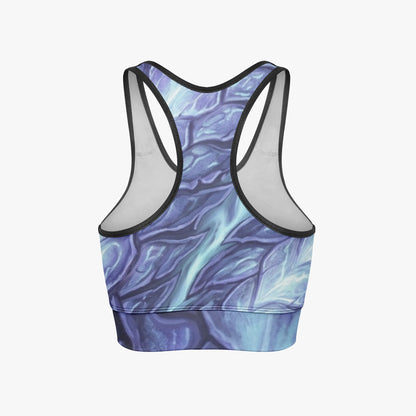 Women's cropped racerback yoga tank top, blue abstract all-over print, black trim on back