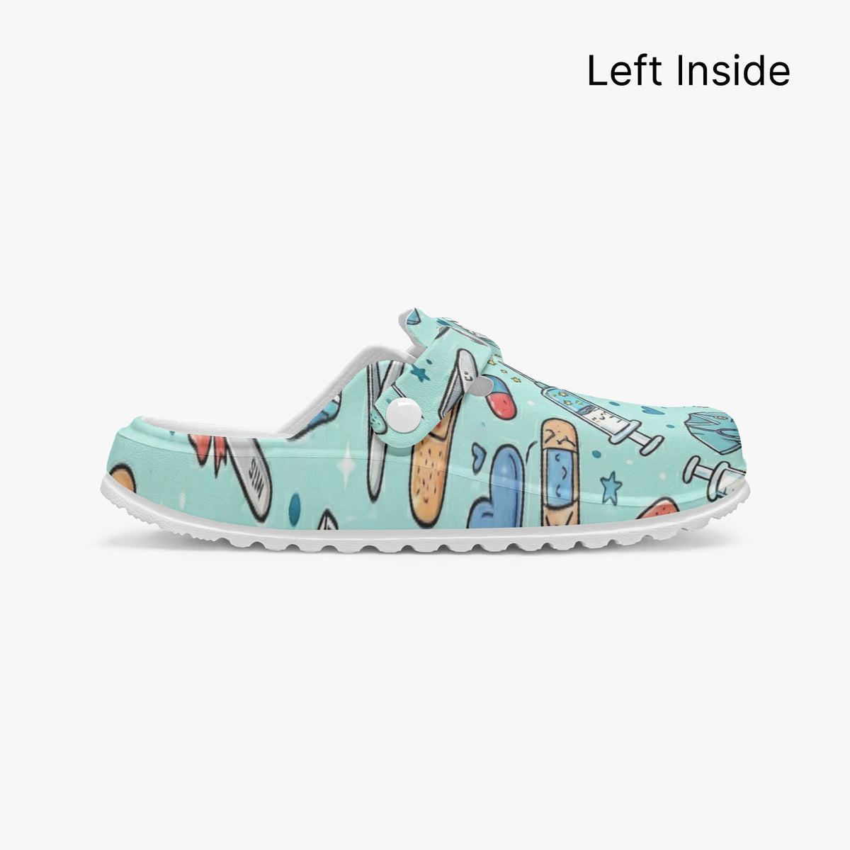 Light blue slip-on medical clog with colorful doodle print and white outsole