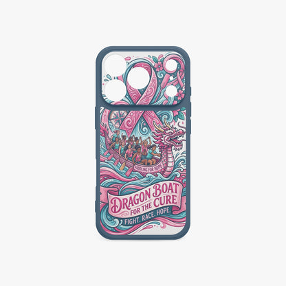 iPhone 17 phone case in dark blue with colorful dragon boat breast cancer graphic