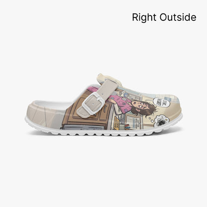 Lightweight EVA clogs, right outside view, beige straps and nurse comic print