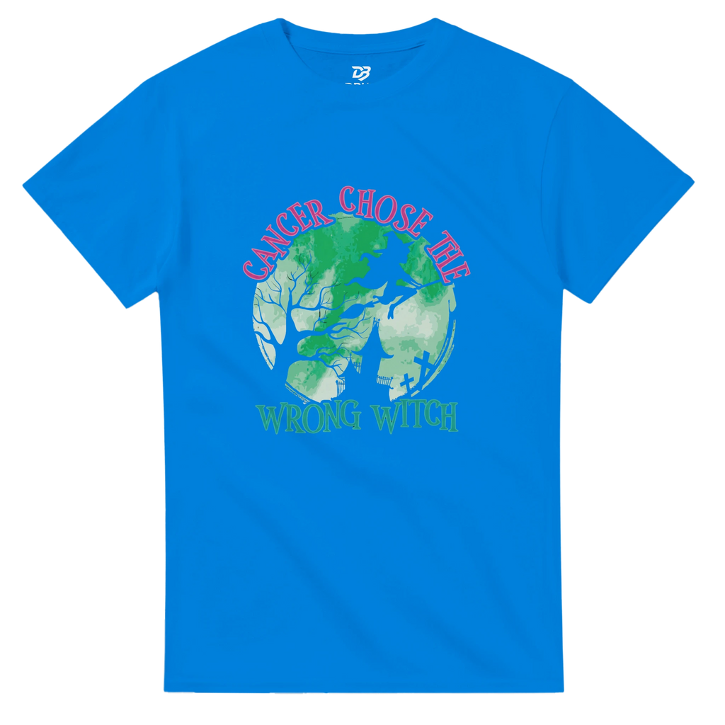 Royal blue unisex t-shirt with green witch graphic and pink "CANCER CHOSE THIS" text