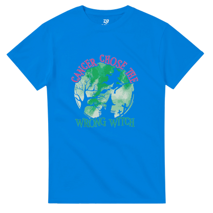 Royal blue unisex t-shirt with green witch graphic and pink "CANCER CHOSE THIS" text
