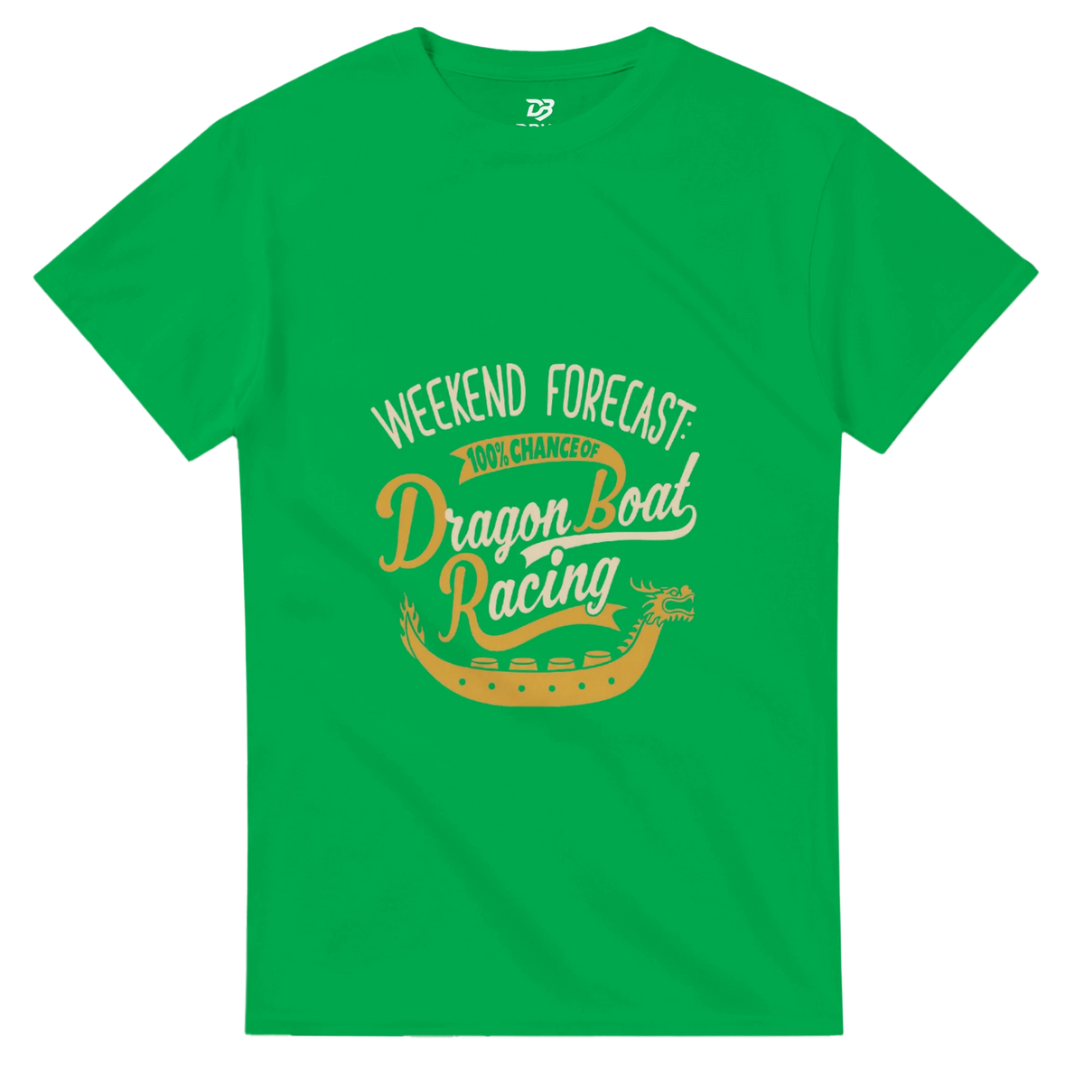 Green unisex crewneck tee with Weekend Forecast Dragon Boat Racing graphic