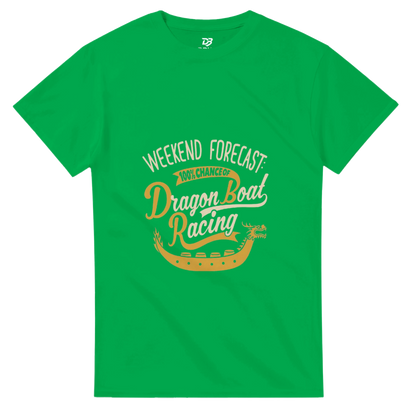 Green unisex crewneck tee with Weekend Forecast Dragon Boat Racing graphic