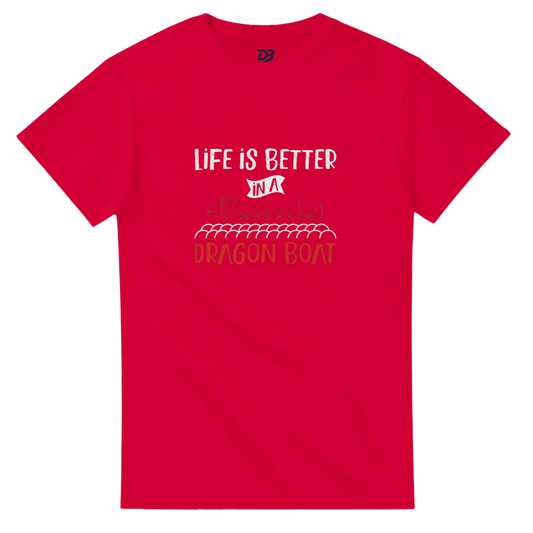 Unisex red dragon boat graphic tee with 'Life is Better in a Dragon Boat' print