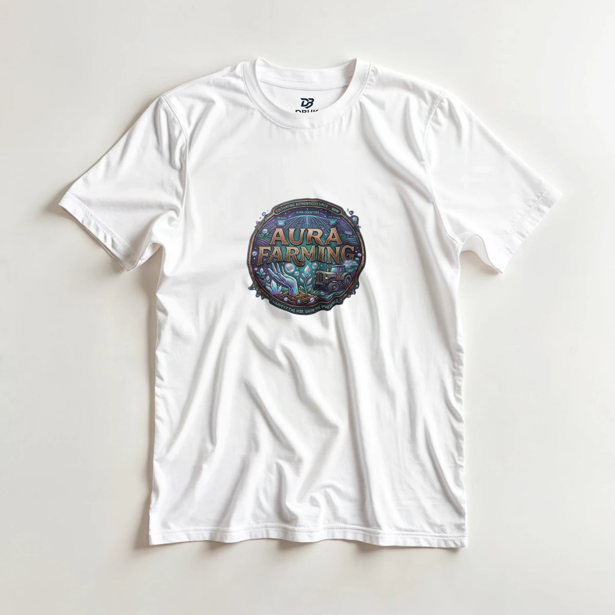 White crewneck t-shirt featuring a small chest circular logo print