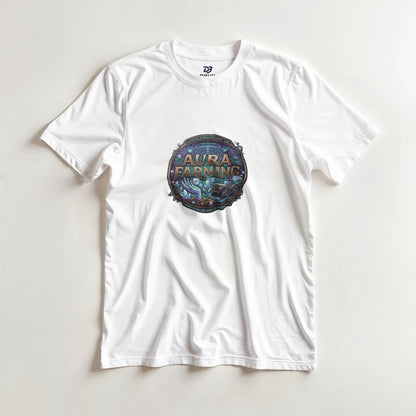 White crewneck t-shirt featuring a small chest circular logo print