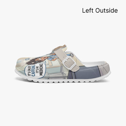 Lightweight EVA clogs, left outside view, beige straps and nurse comic print
