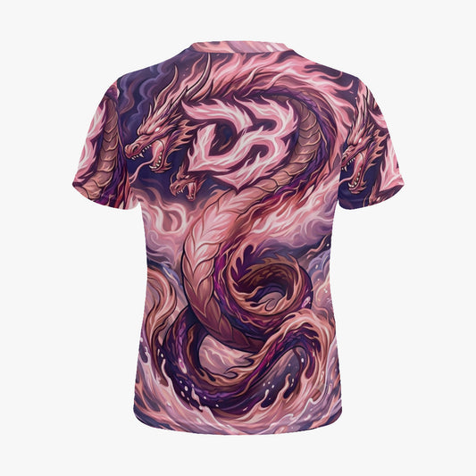 Pink and purple all-over dragon sports jersey, back view with short sleeves