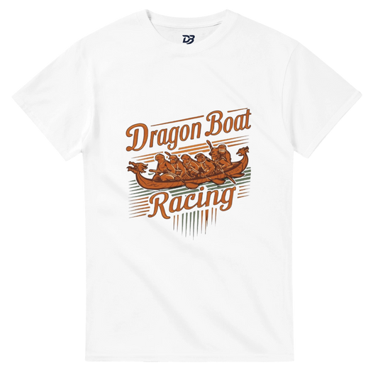 White unisex t-shirt with Dragon Boat Racing logo graphic on front