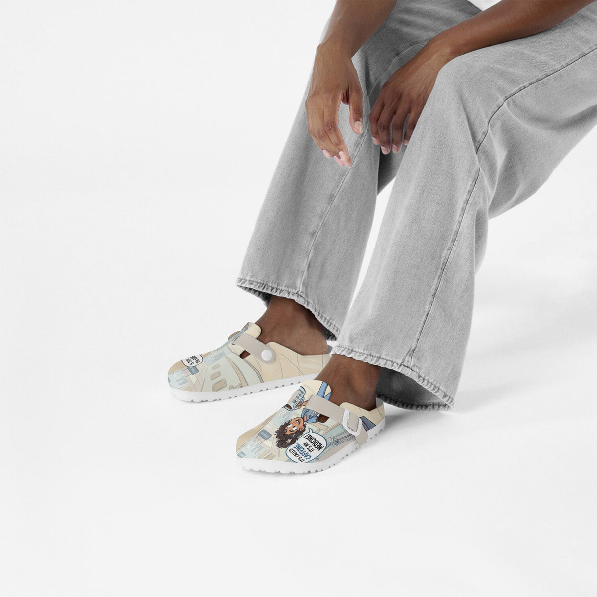 Lightweight EVA slip-on clogs with nurse-themed comic print, beige strap