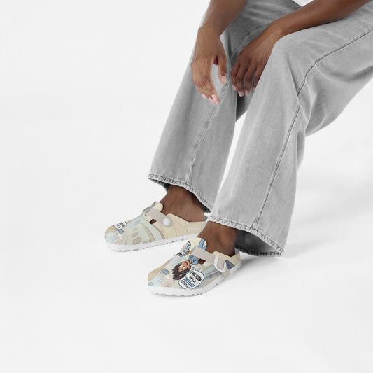 Lightweight EVA slip-on clogs with nurse-themed comic print, beige strap