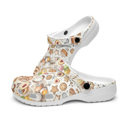Patterned slip-on clogs with white midsole and round vent holes