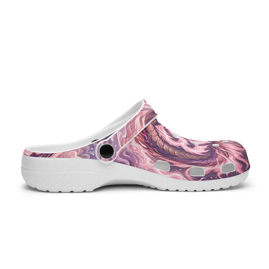 Pink all-over print slip-on clogs with white sole and round heel vent