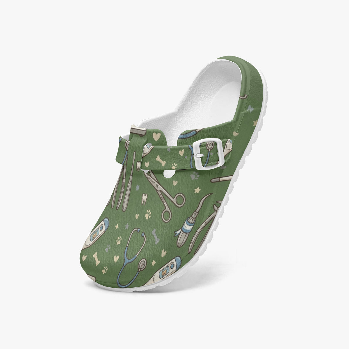 Green veterinary print EVA clog with adjustable buckle strap and white lining