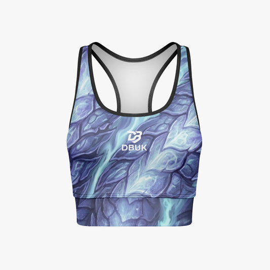 Cropped yoga tank top with all-over blue abstract print, scoop neckline, black trim, DBUK logo