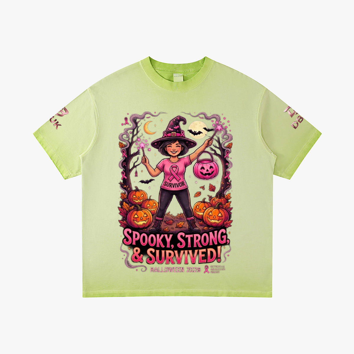 Lime green Halloween graphic tee with witch, pumpkins, and “Spooky Strong & Survived!”