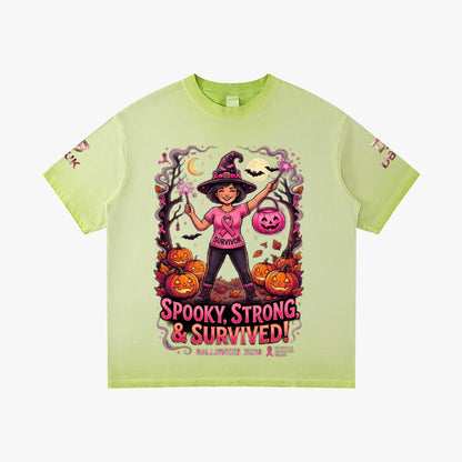 Lime green Halloween graphic tee with witch, pumpkins, and “Spooky Strong & Survived!”