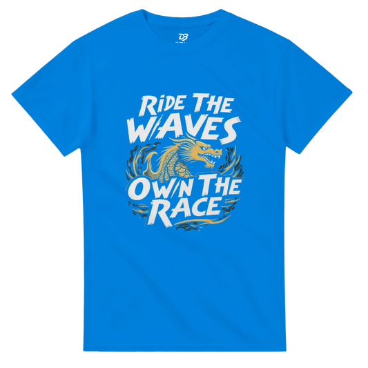 Unisex blue T-shirt with “Ride the Waves / Own the Race” dragon graphic on front