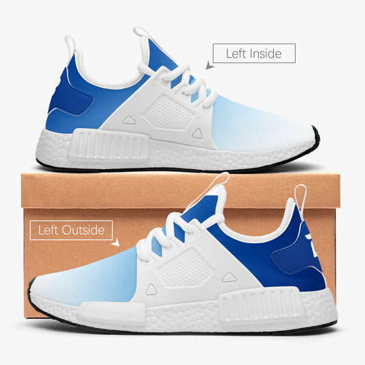 Lightweight athletic sneakers, side and heel view, white base with blue trim