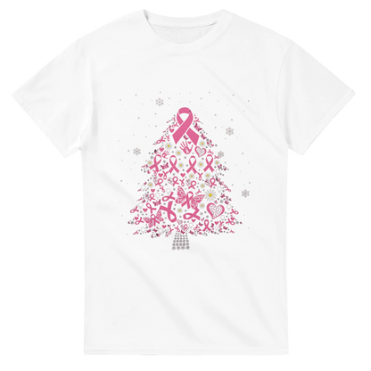 White tee shirt with pink ribbon Christmas tree graphic and gray snowflake dots