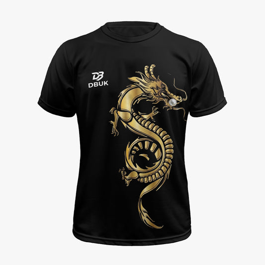 Black performance paddler shirt with gold dragon face and circular emblem graphic