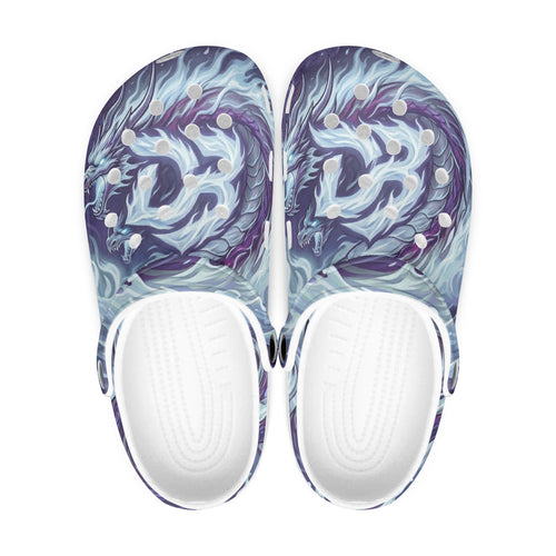 Dragon boat print clogs in blue/purple, white sole, slip-on with round vent holes