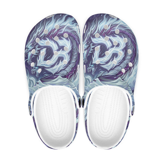 Dragon boat print clogs in blue/purple, white sole, slip-on with round vent holes