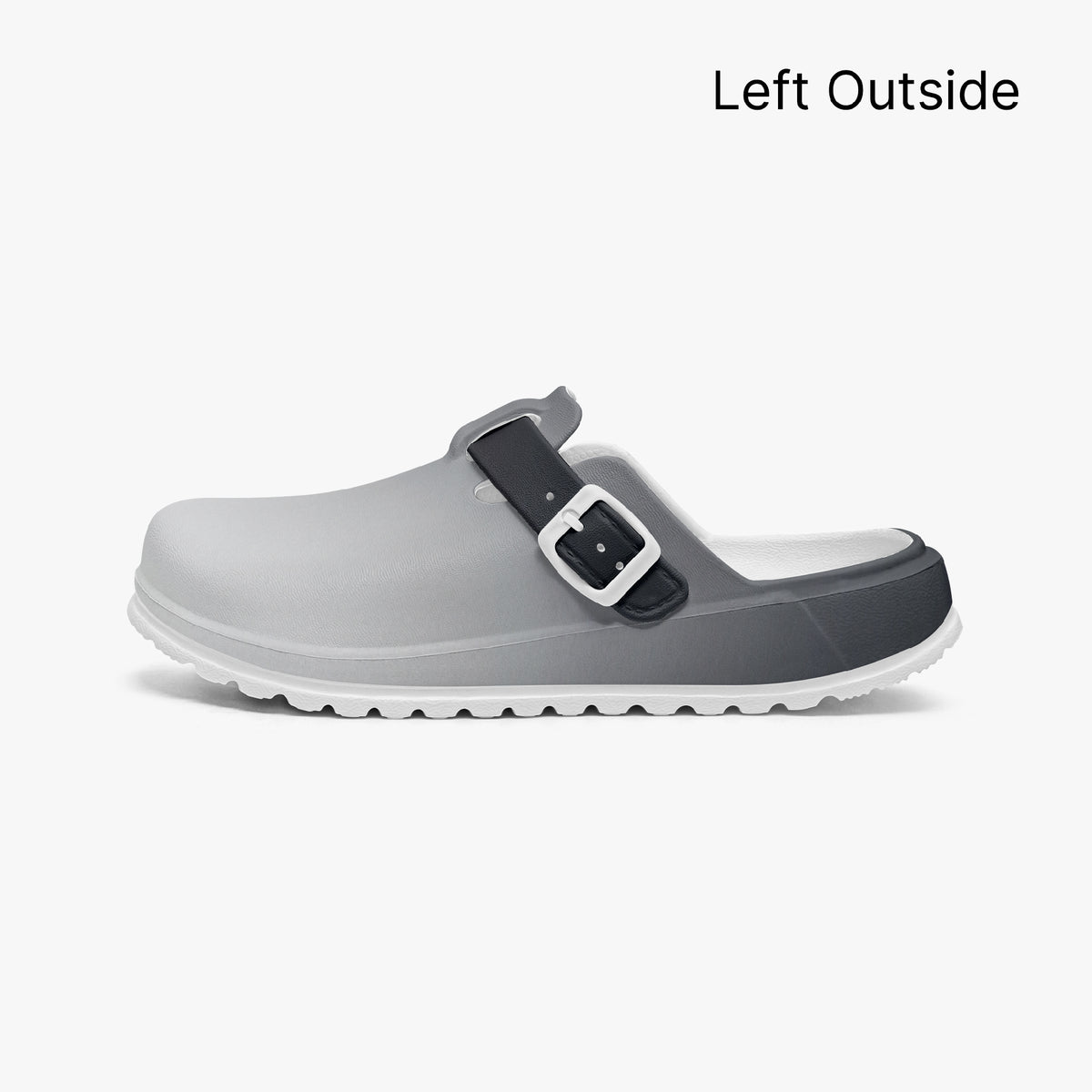 Grey clog outside side profile with black strap buckle and rugged sole
