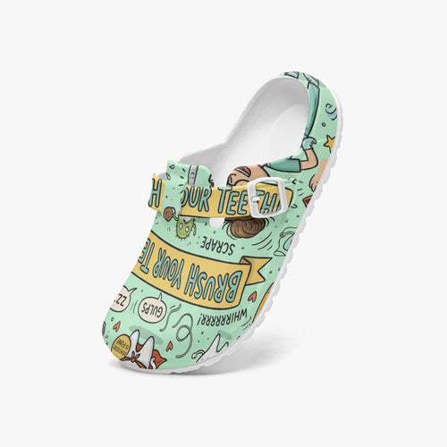 Mint EVA clog with colorful cartoon text and animal print, open top view