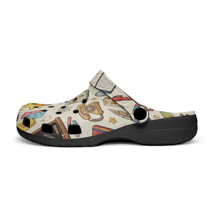 Single kids teacher clog with beige classroom print upper and black cushioned sole.