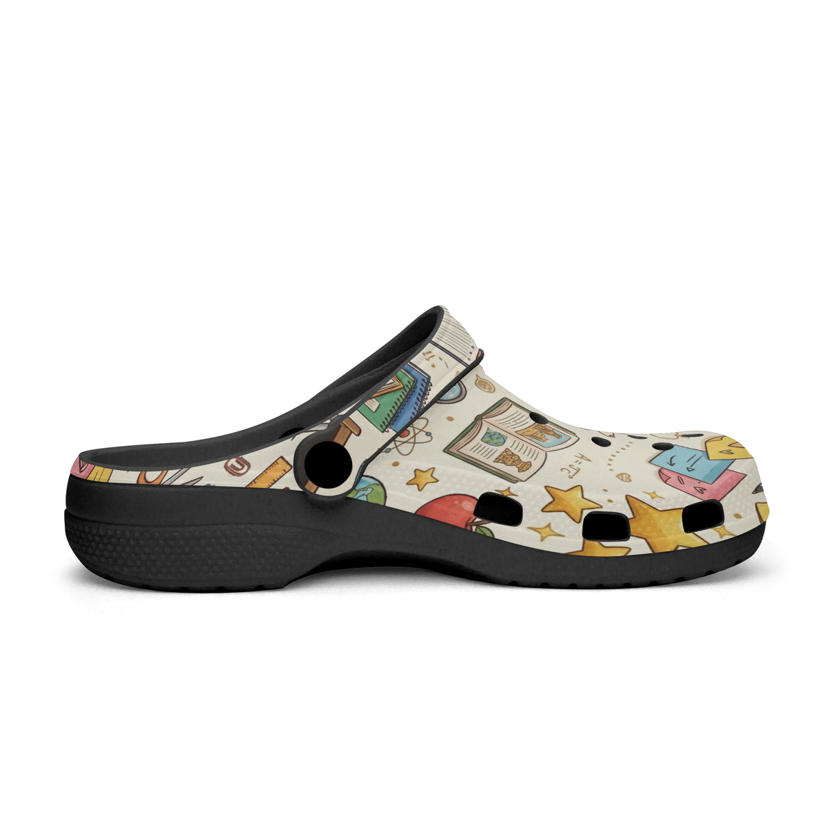 Side view of kids teacher clogs with beige classroom print upper and black sole.