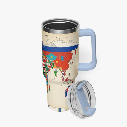 Insulated travel mug with world map design; blue handle, clear lid, straw, and spare top.