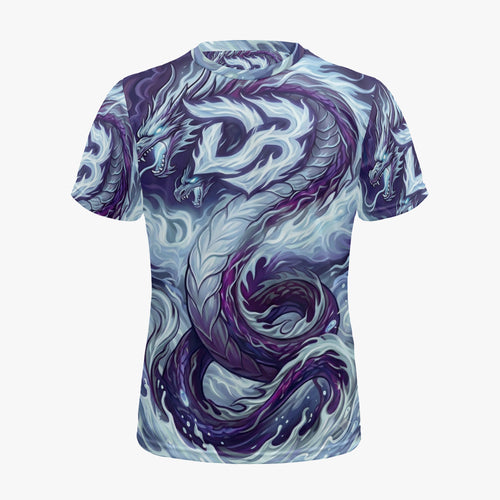 Men's sports jersey with all-over blue and purple dragon print, short sleeves