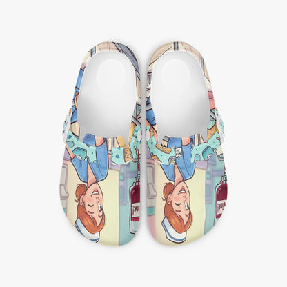 Pair of nurse clogs viewed from the back, showing open heel and colorful nursing print.