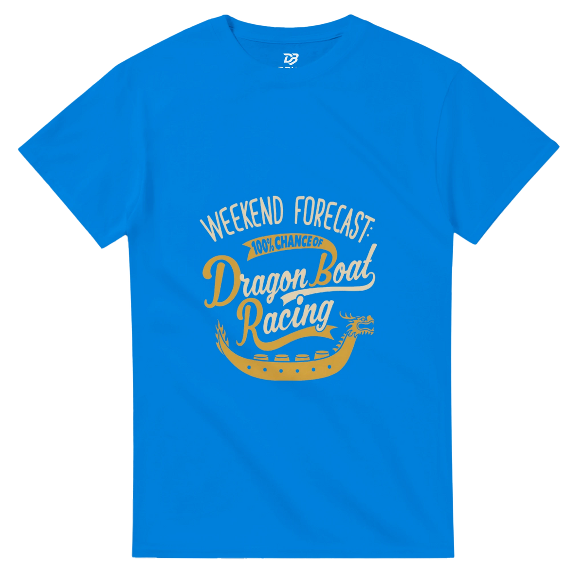Royal blue unisex crewneck tee with Weekend Forecast Dragon Boat Racing graphic