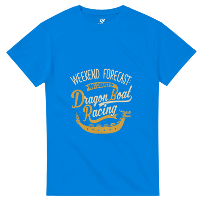 Royal blue unisex crewneck tee with Weekend Forecast Dragon Boat Racing graphic