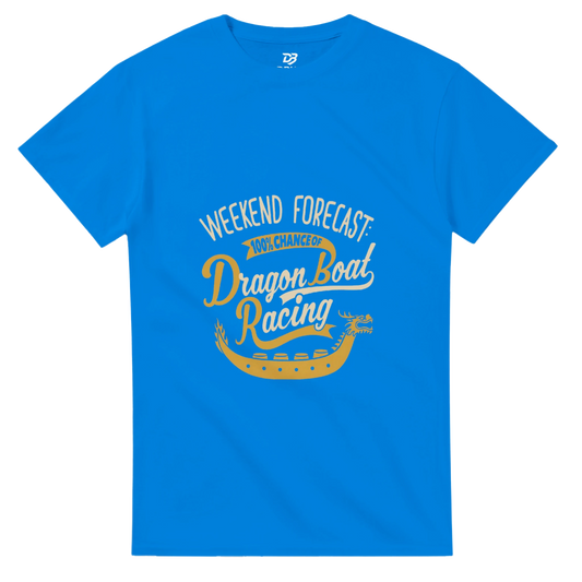Royal blue unisex crewneck tee with Weekend Forecast Dragon Boat Racing graphic