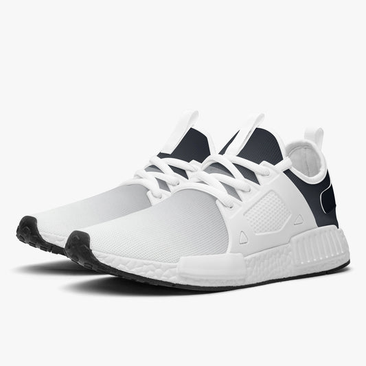 Lightweight athletic sneaker side profile with white mesh upper, black heel panel, white laces