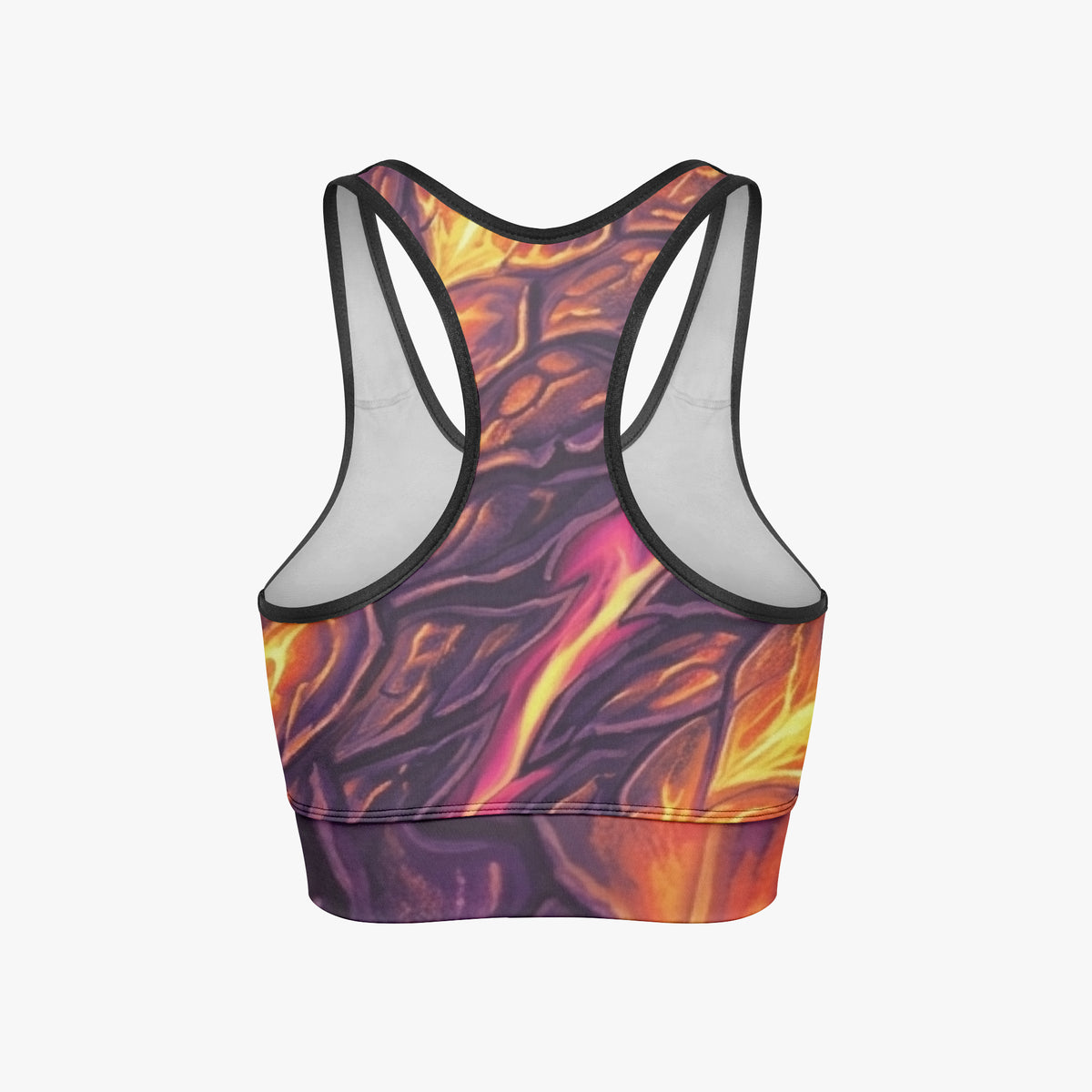 Women’s cropped yoga tank top, racerback style, flame print with contrast black trim