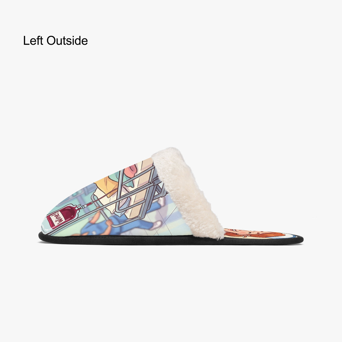 Side view of nurse cartoon slipper with plush cream cuff, black sole, multicolor print
