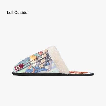 Side view of nurse cartoon slipper with plush cream cuff, black sole, multicolor print