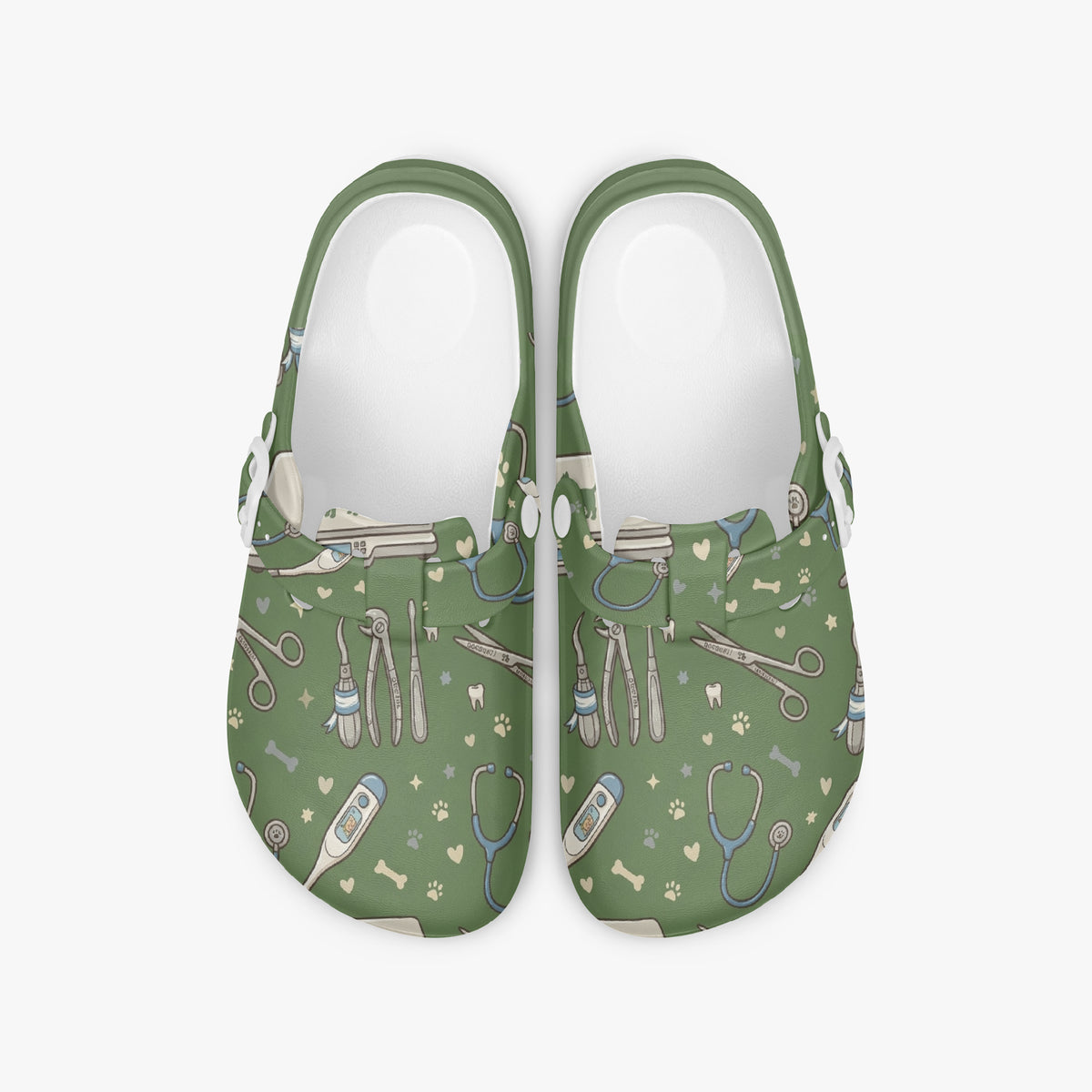 Green EVA clogs with veterinary tool print, wide slip-on openings
