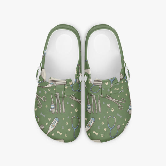 Green EVA clogs with veterinary tool print, wide slip-on openings