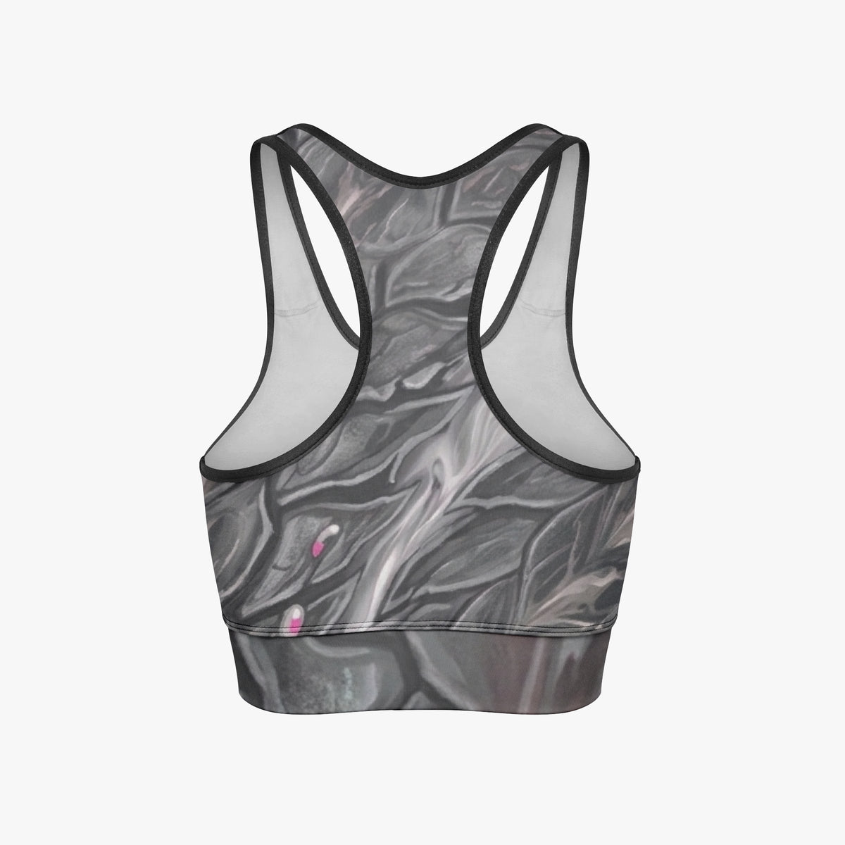 Women's cropped yoga tank top, dark grey marbled print, black edge racerback, back view