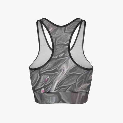 Women's cropped yoga tank top, dark grey marbled print, black edge racerback, back view