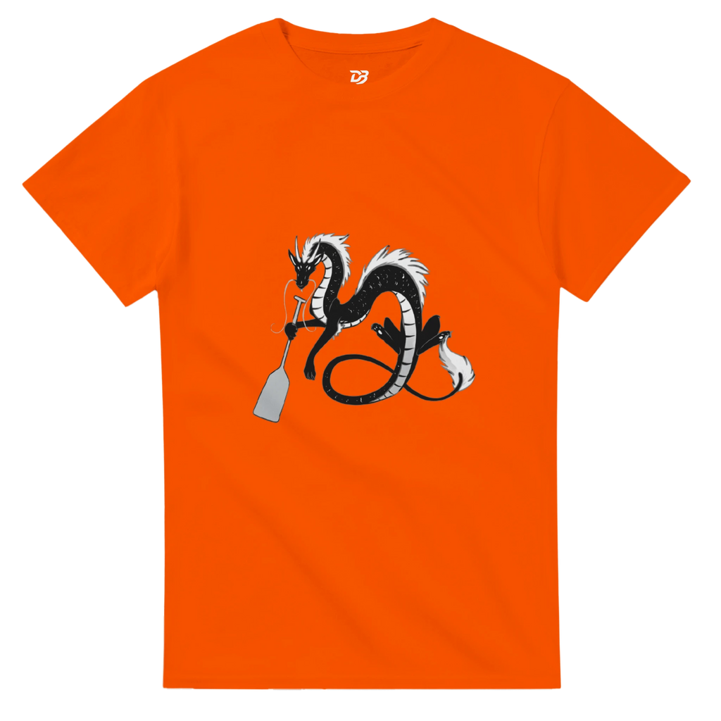 Orange unisex crewneck graphic T-shirt with dragon holding a paddle and ring